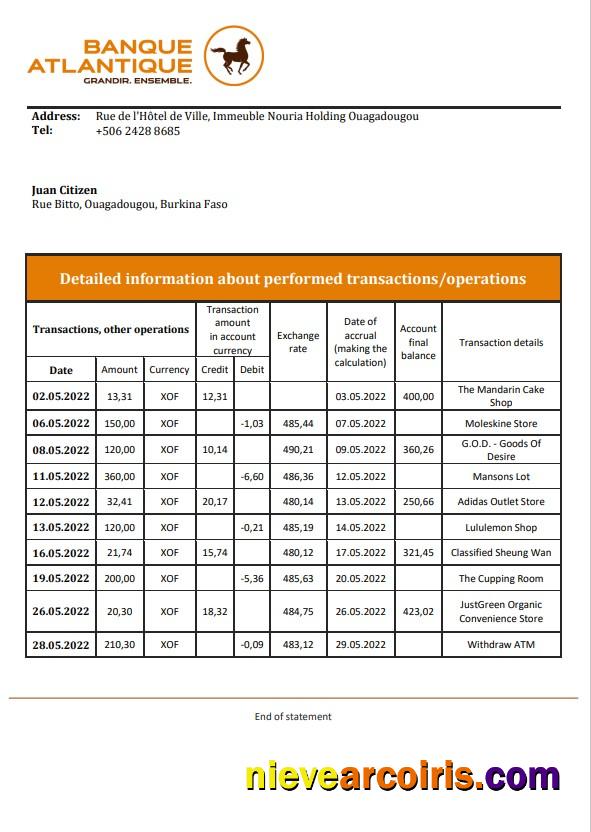 Burkina Faso Banque Atlantique bank statement, Word and PDF format